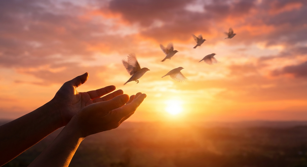 Hands releasing birds into a sunset sky representing letting go and emotional freedom.