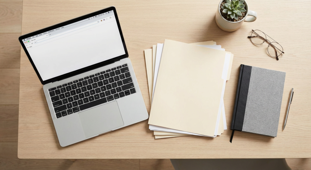 Minimalist organized desk with documents and laptop symbolizing completion and clarity.