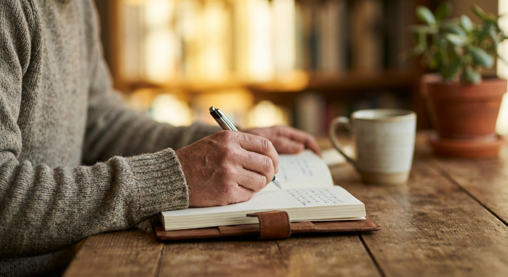 Person writing in a journal, reflecting on life lessons and personal growth.