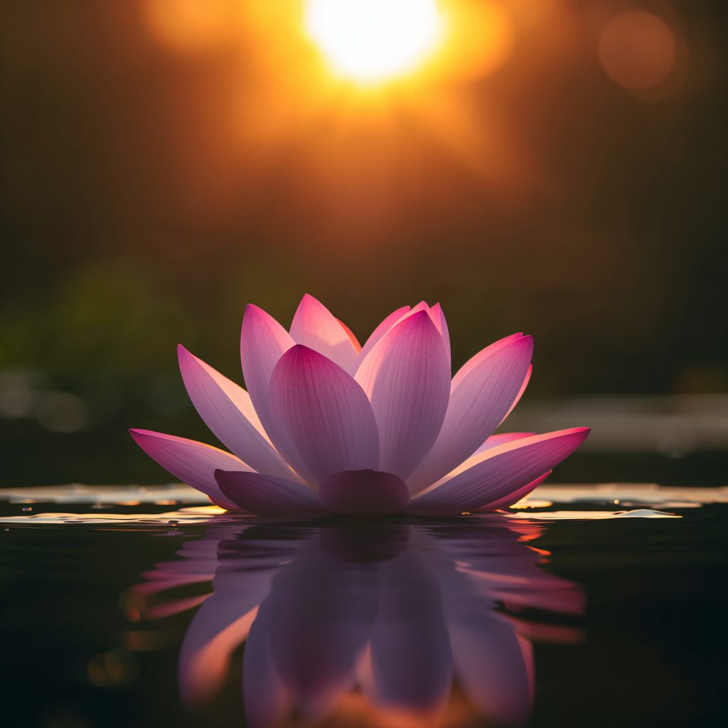Lotus flower blooming at sunrise symbolizing rebirth, inner growth, and new beginnings.