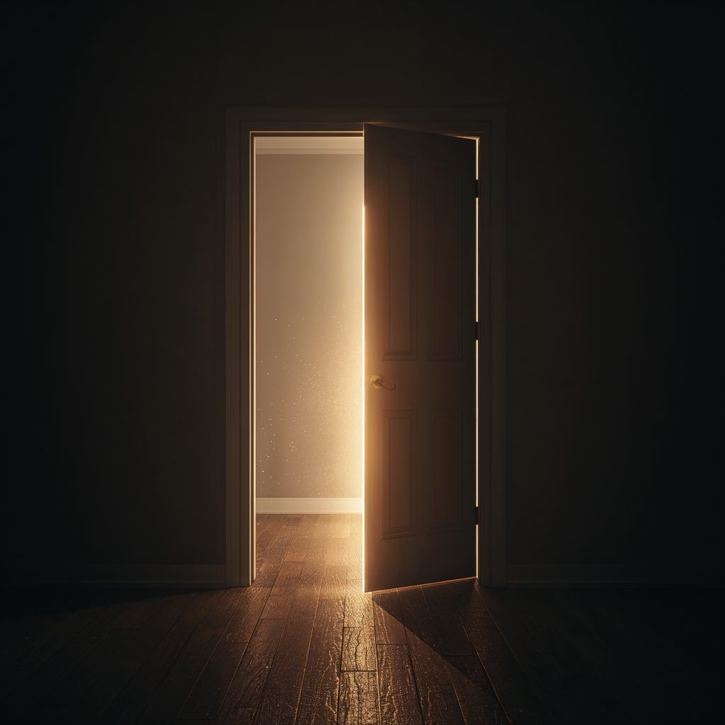 Open door with bright light shining through representing transitions and new opportunities.