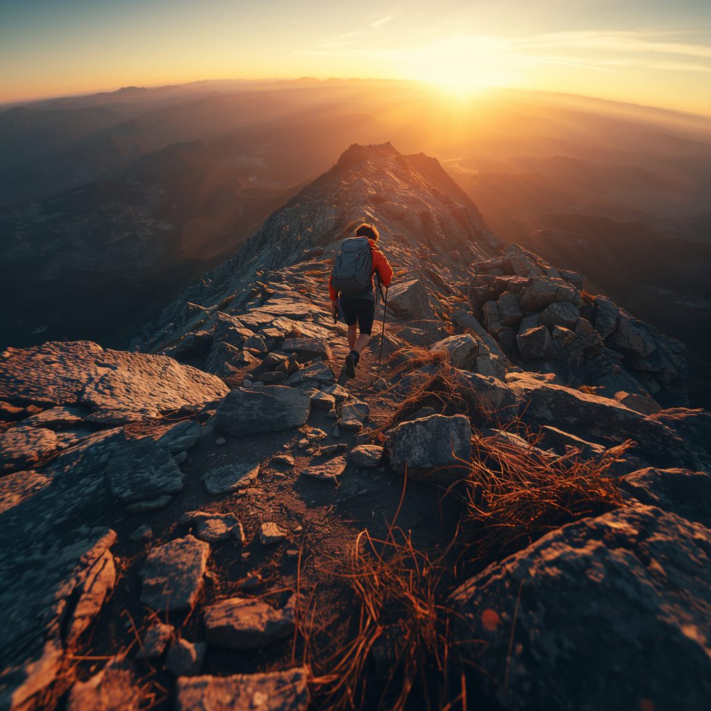 Person hiking uphill on a mountain trail symbolizing commitment and steady progress.