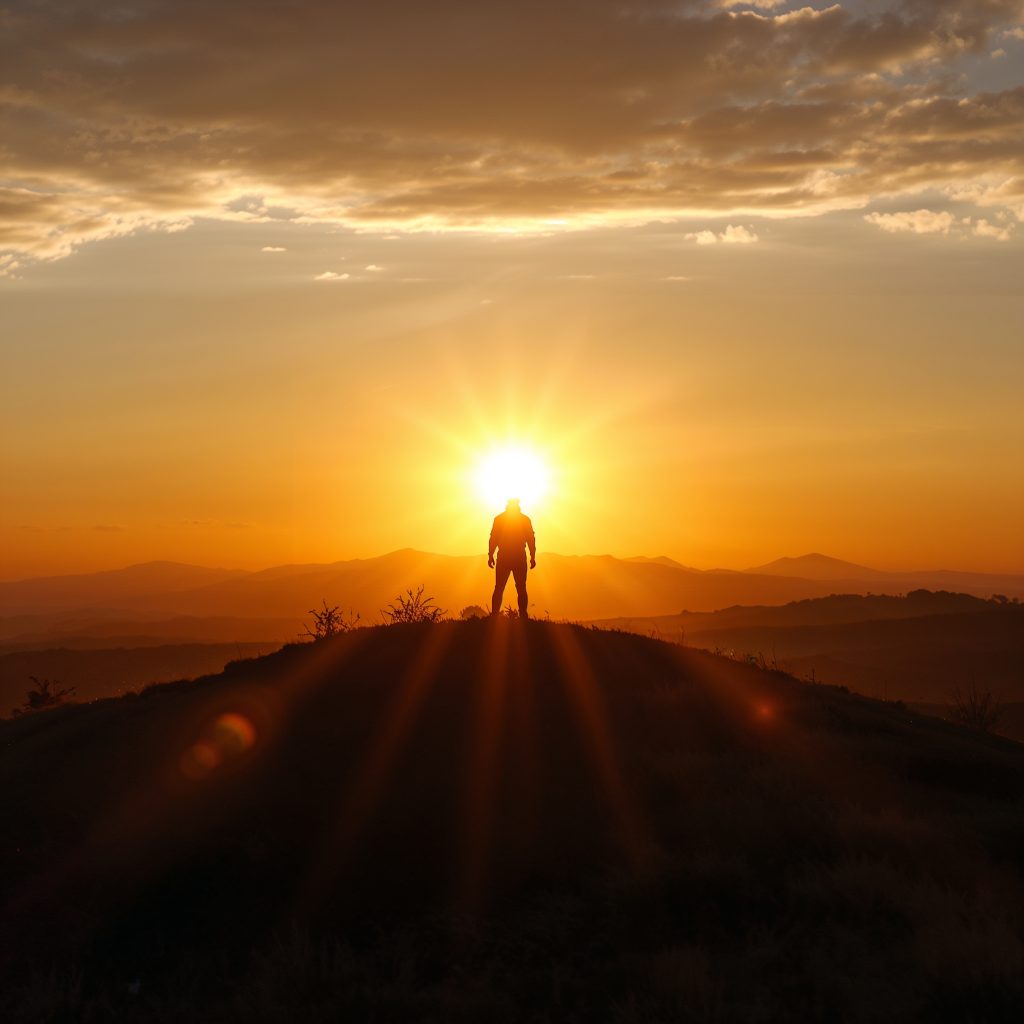 Silhouette standing at sunrise representing positive mindset and mental clarity.